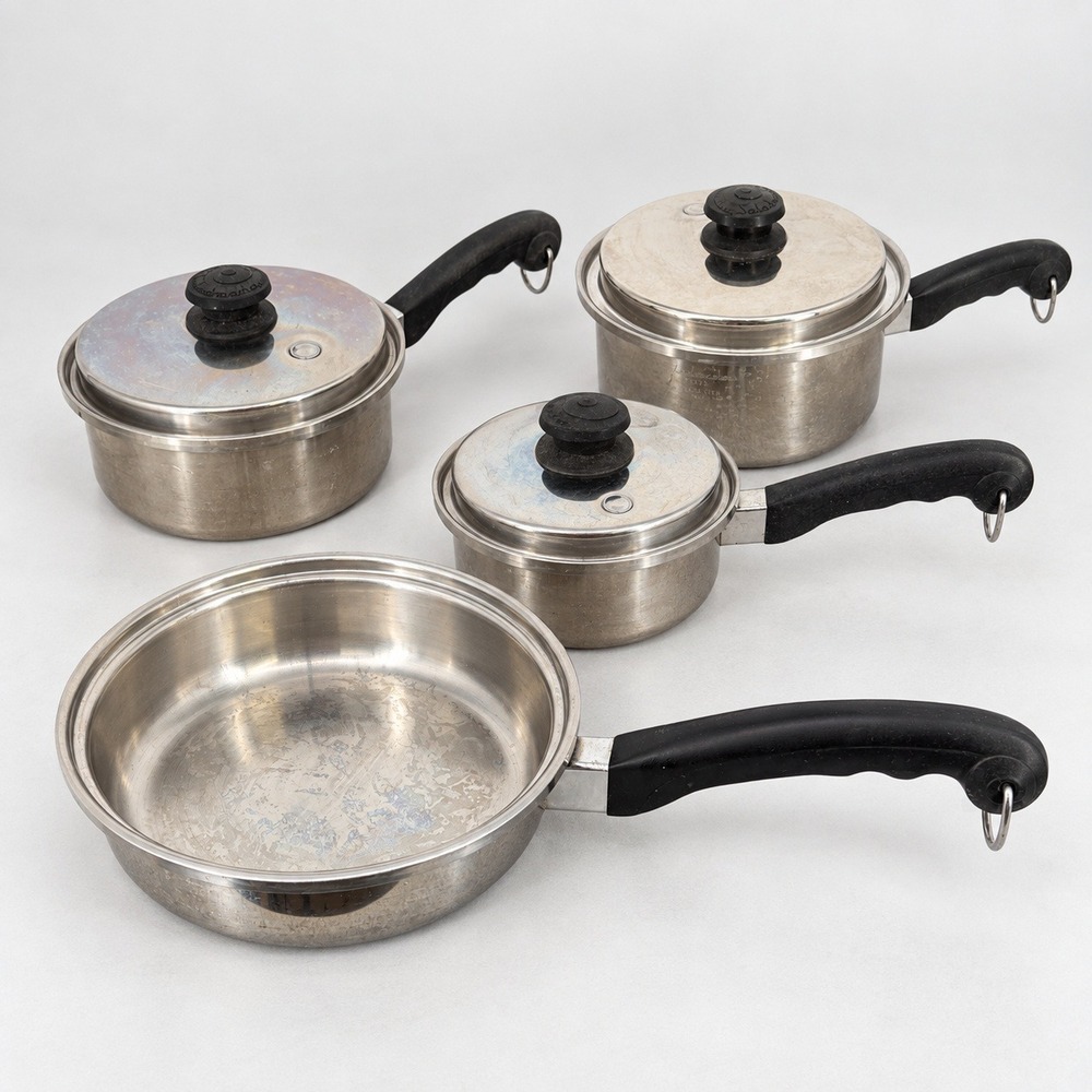 Vintage Saladmaster Cookware Lot 4 Pans 3 Vapo Lids T304S 18-8 Tri-Clad USA MADE